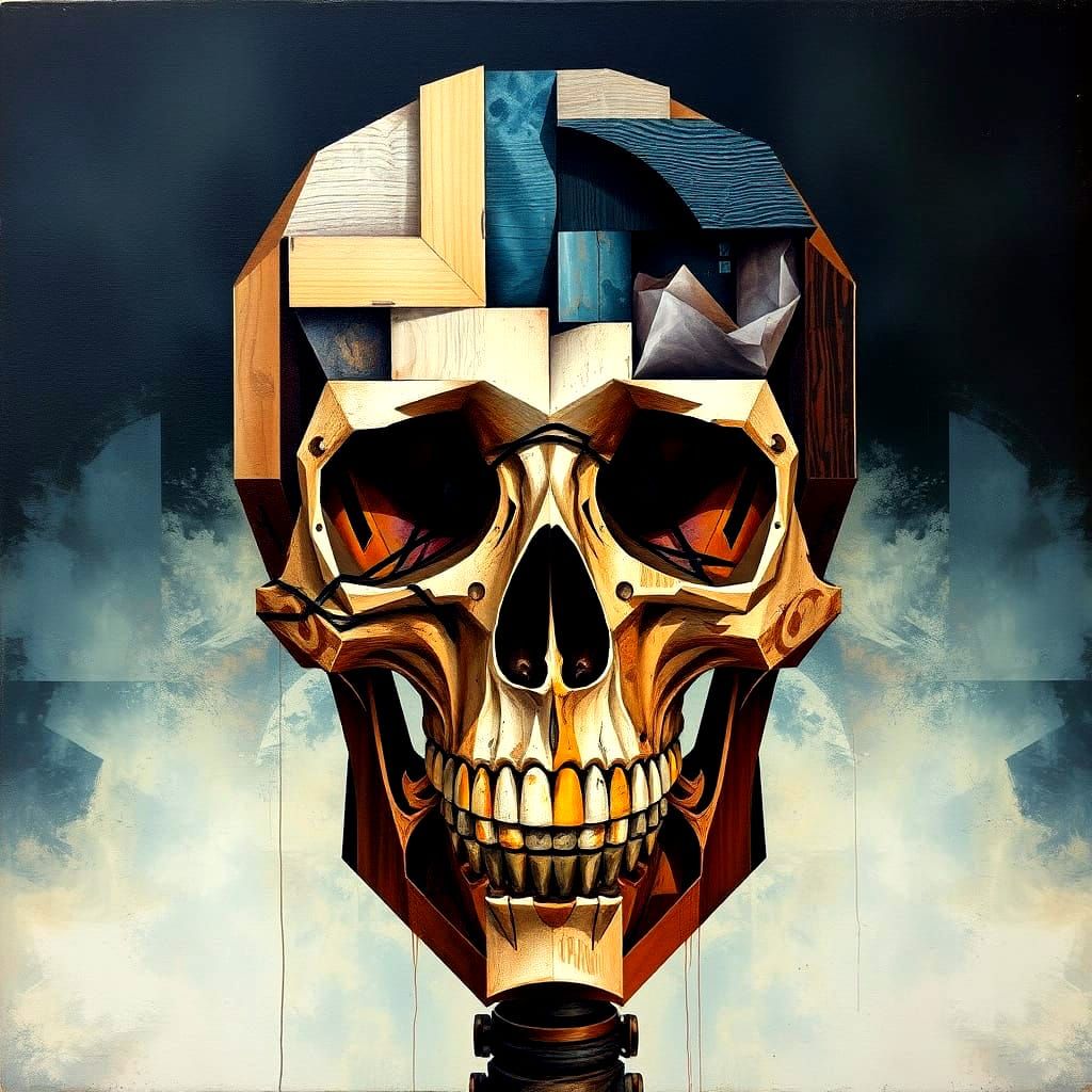 Wooden Skull in Neo-Cubist Art Deco Style
