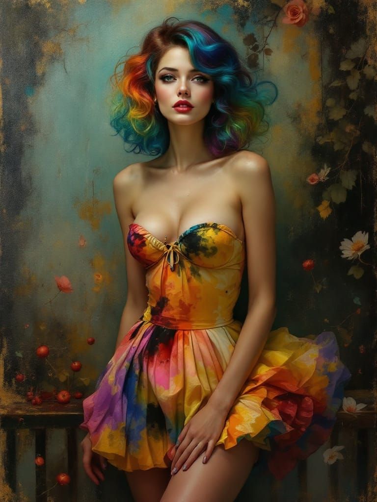 Rainbow Haired Pin Up in Vibrant Tie Dye Skirt