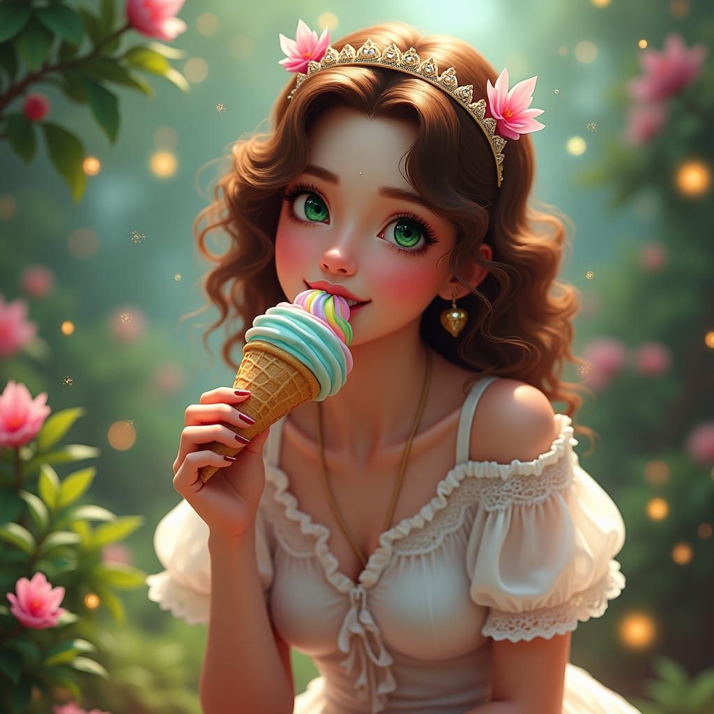 Joyful Woman Savoring Ice Cream: Fantasy Concept Art