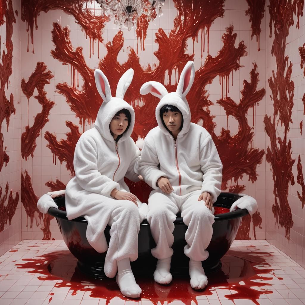 Photorealistic Rabbits in Red Bathtub