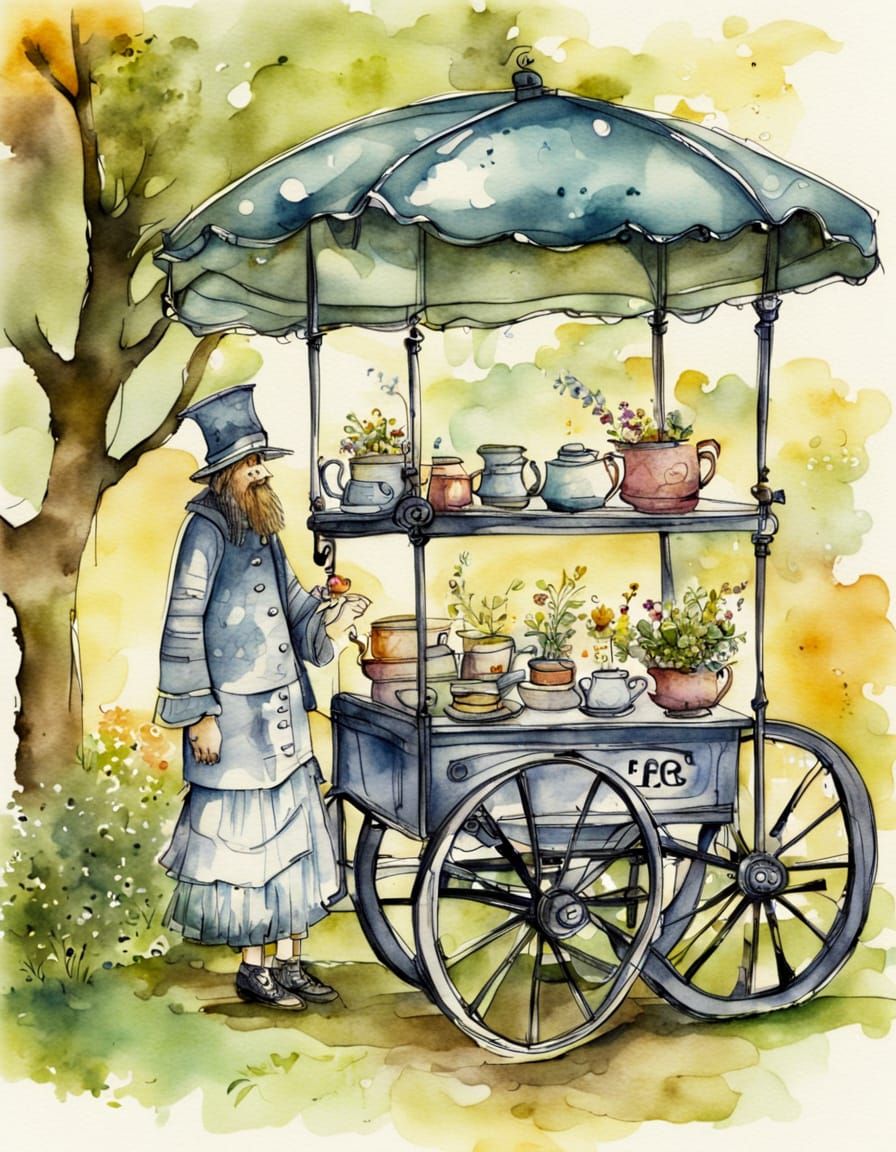 Whimsical Tea Cart Scene in a Serene Park Landscape