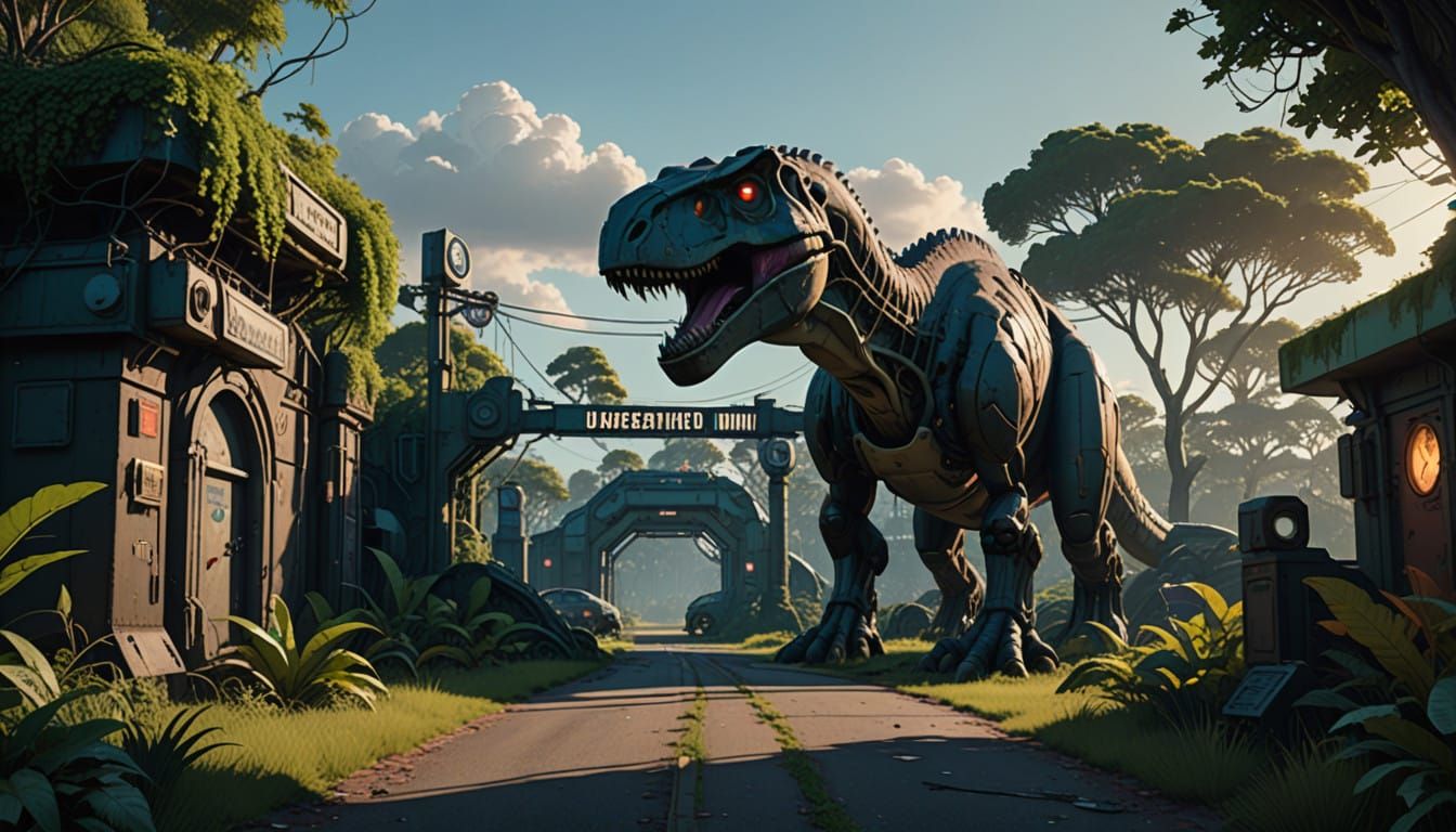 Abandoned Futuristic Jurassic Park Theme Park at Dusk in Cyb...