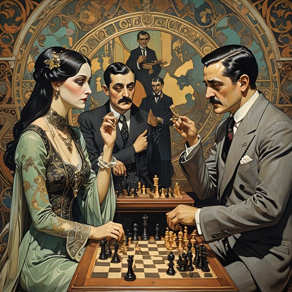 Gomez vs Morticia: Art Nouveau Chess Match