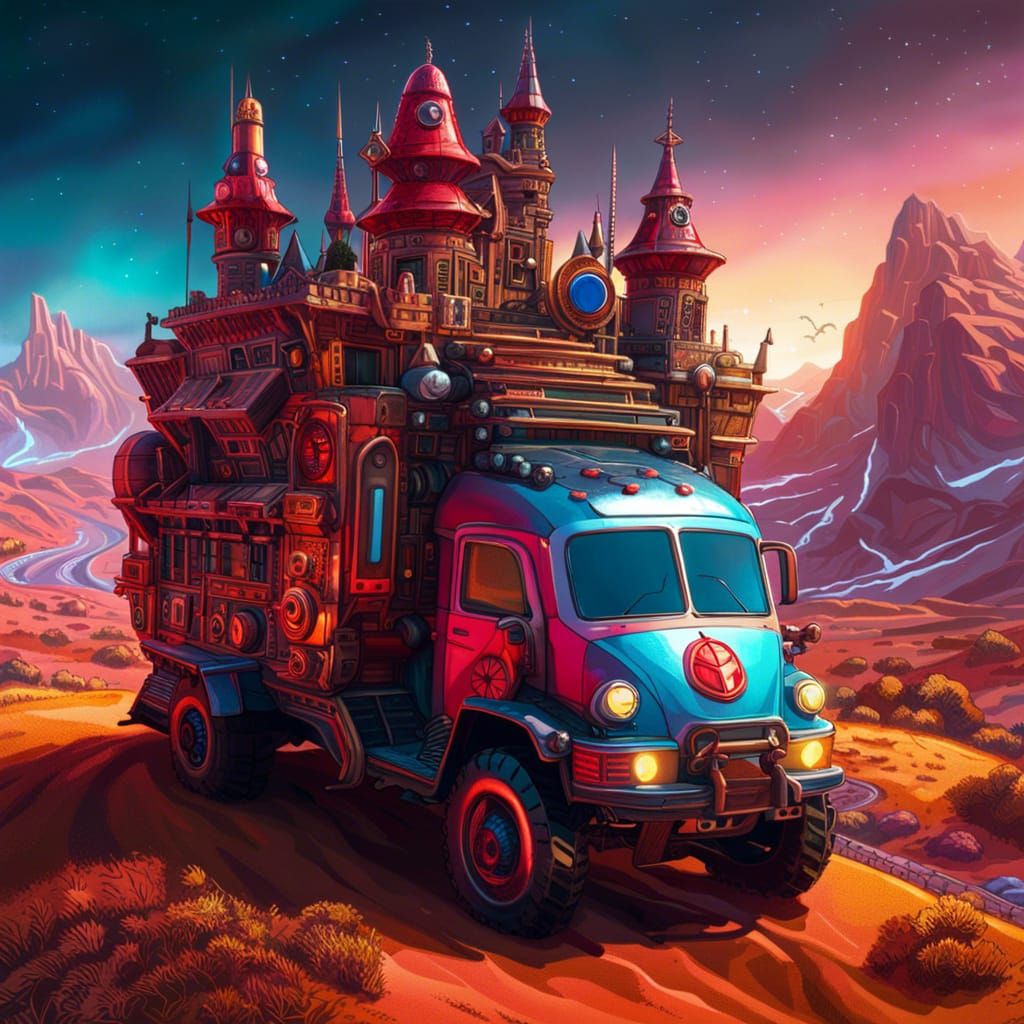 Floating Ladybug Castle Truck in Cyberpunk Mountains