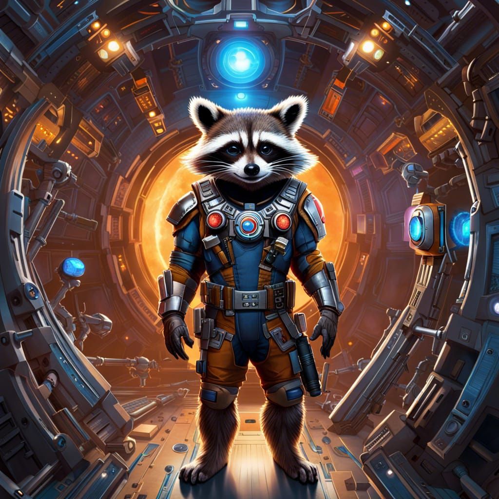 Rocket Raccoon Portrait in Cosmic Lab, Hyperrealistic Art