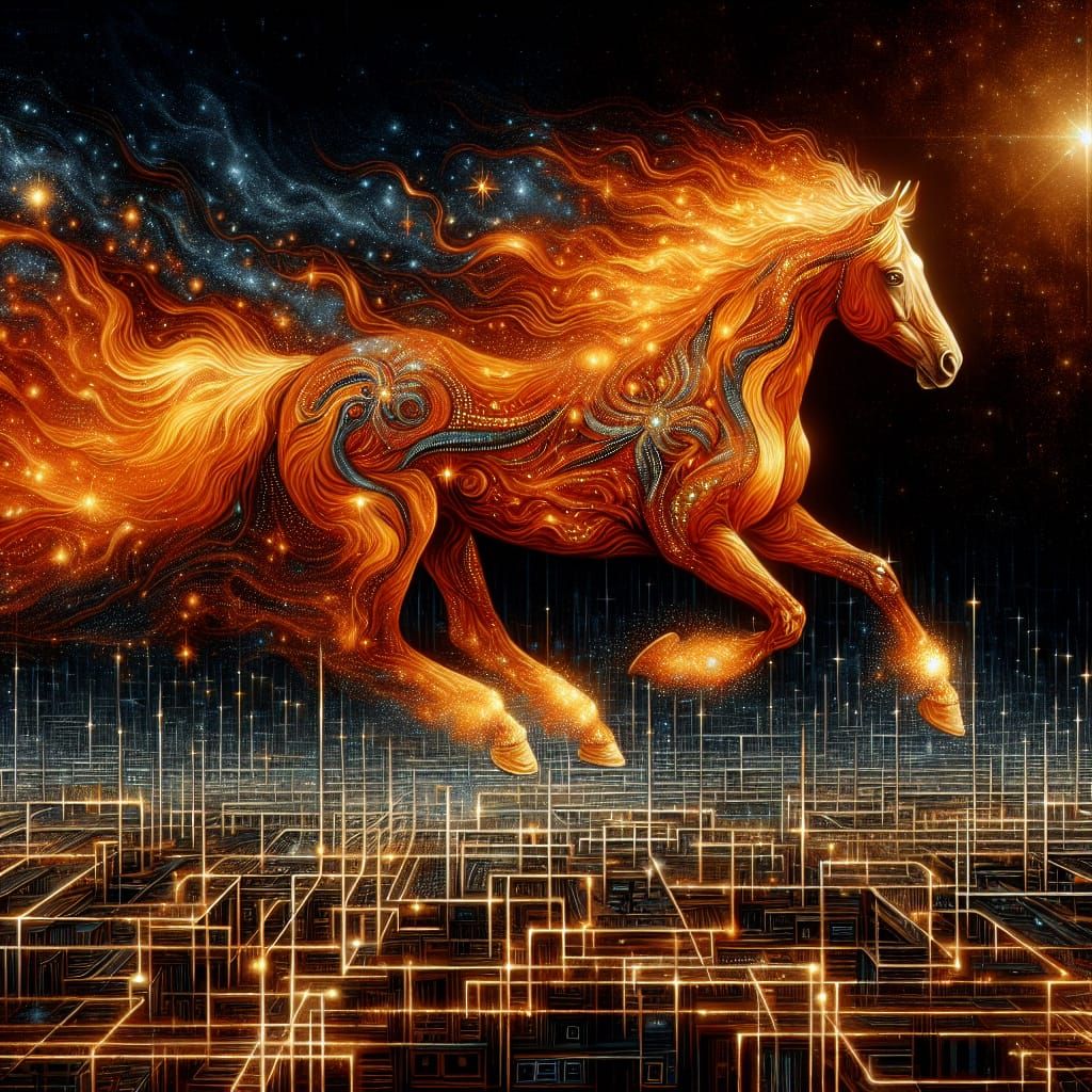 Fiery Horse Galloping Through Cityscape at Night