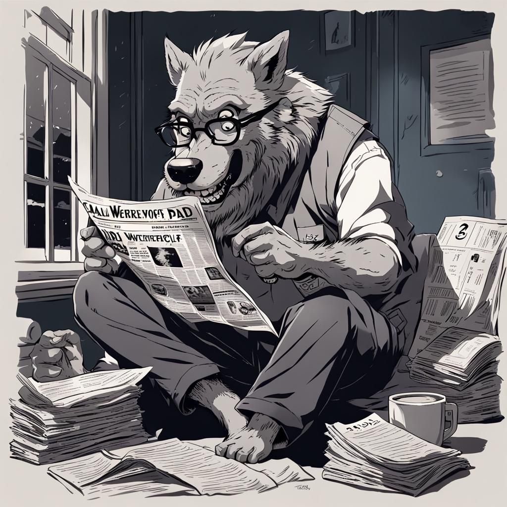 Calm Werewolf Dad Reading Newspaper in Anime Style