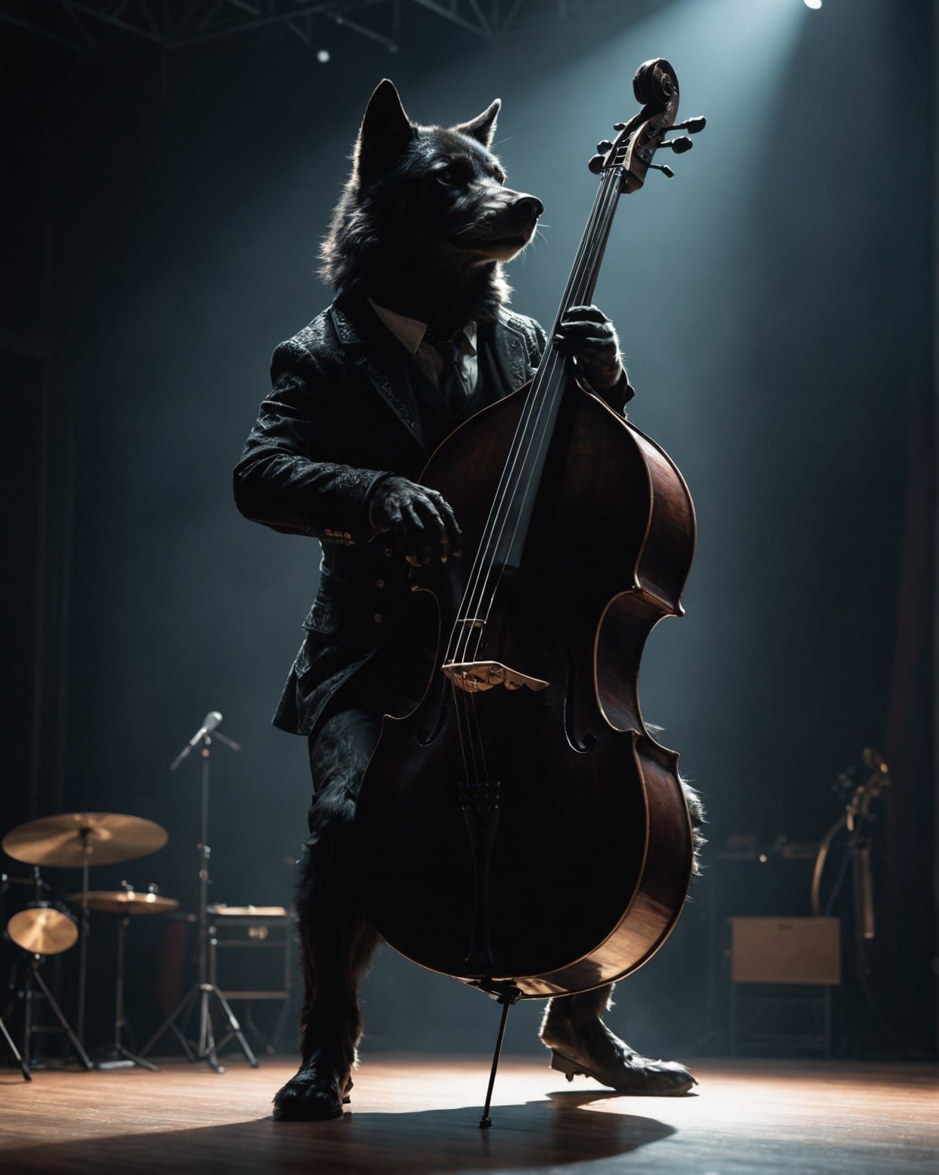 Silhouette of Wolf Playing Double Bass