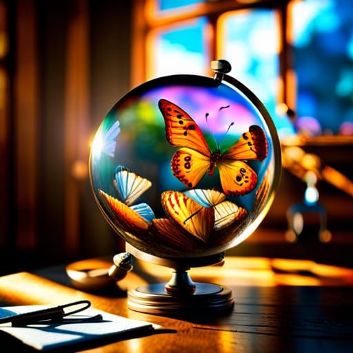 surreal beautiful butterflies inside a prismatic glass globe, inside a rustic cabin Epic cinematic brilliant stunning in...