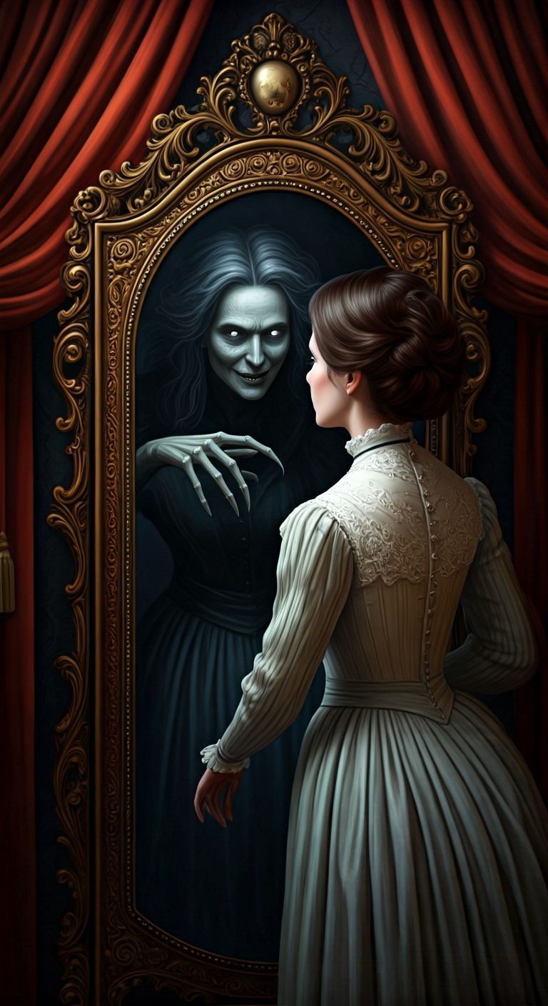 Victorian Woman's Eerie Mirror Reflection in Etching Style