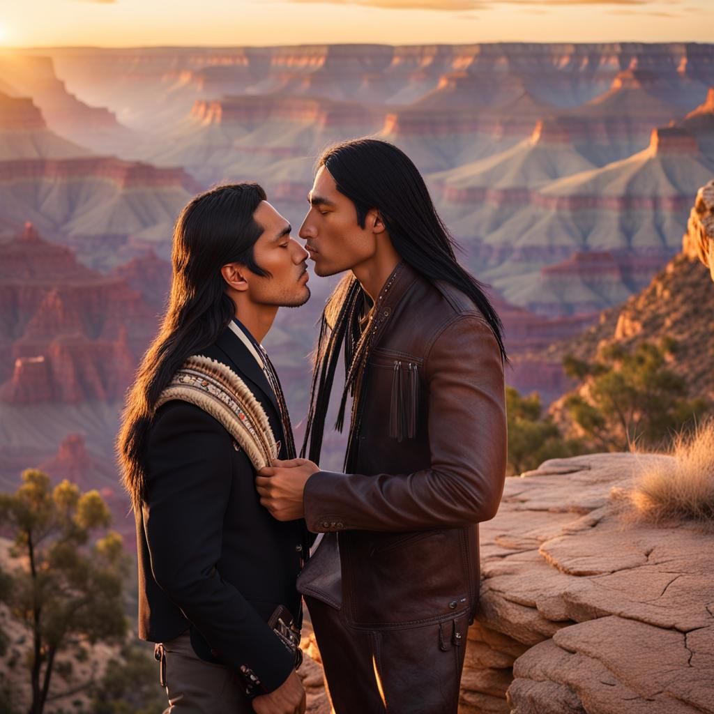 Native American Man Kissing Blond Man at Sunset