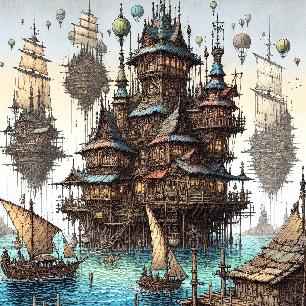 Floating Lagoon Village in High Fantasy Style