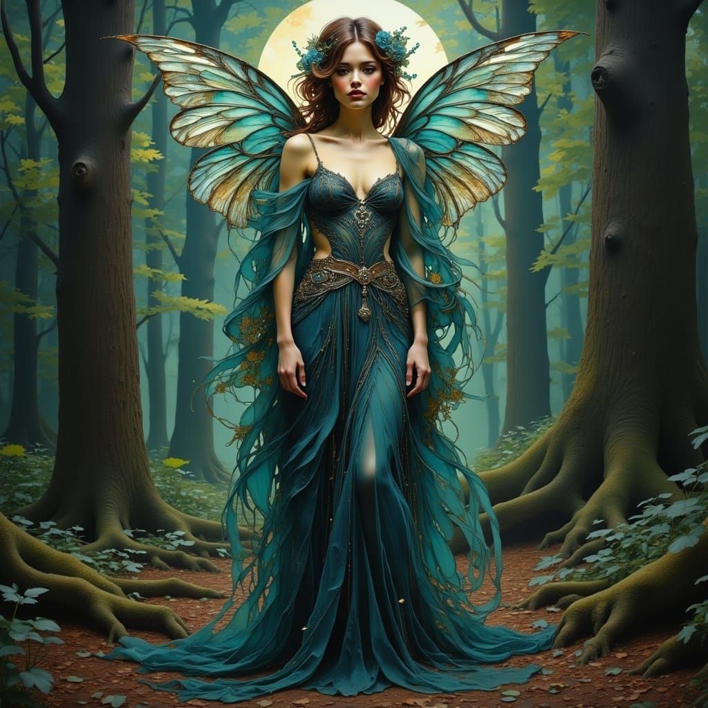 Ethereal Forest Goddess with Wings and Gown in Midnight Hues...