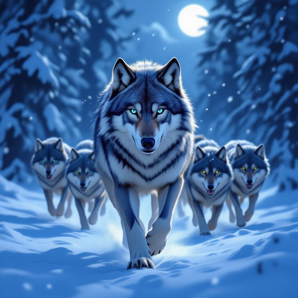Alpha Wolf Leads Pack Through Snowy Forest