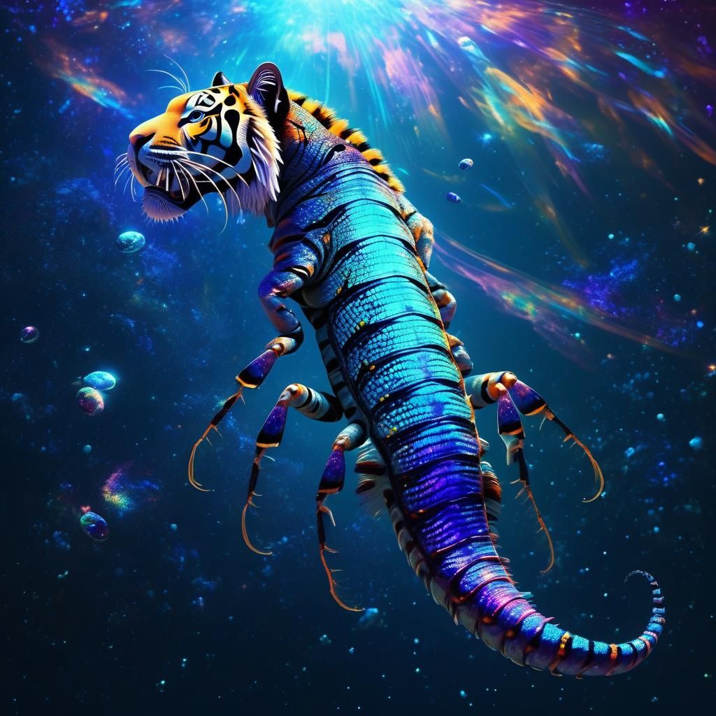 Mythical Hybrid Creature in Holographic Cosmic Surrealism