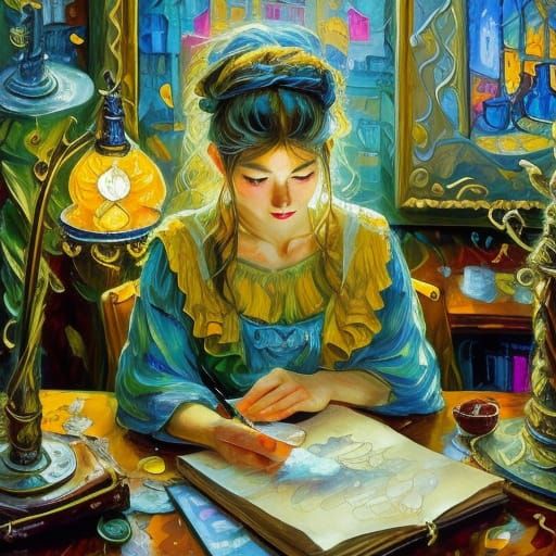 Confident Girl in Cozy Library Oil Painting
