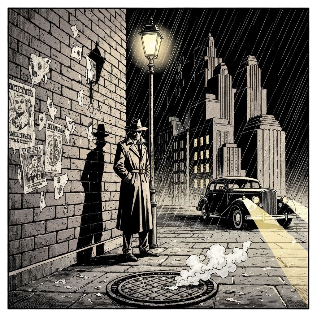 Detective Noir Scene in Classic Comic Style