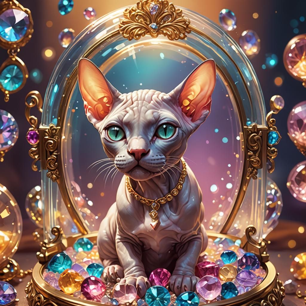 Miniature Sphynx Cat in Glowing Jewelry Box