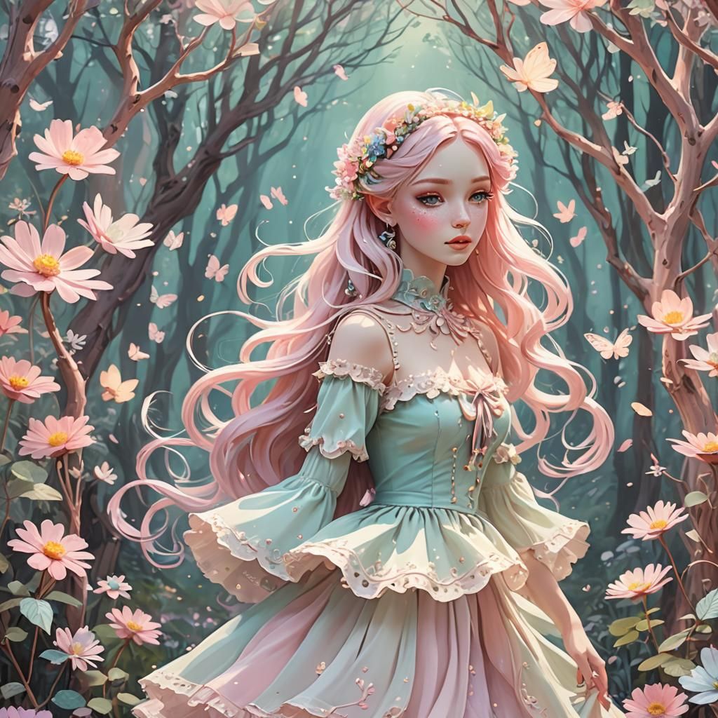 Pastel Woodland Fairygirl in Shabby Chic Abstract Style