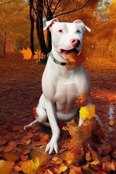 Smiling Pit Bull in Autumn Leaves: Hyper-Realistic Illustrat...