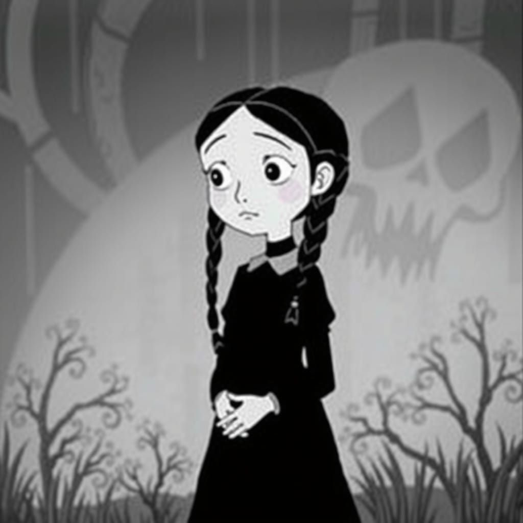 Wednesday Addams as Child in Silent Horror Movie Style