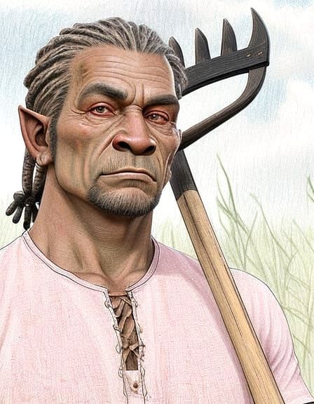 Realistic Orc Farmer with Rake and Dreadlocks