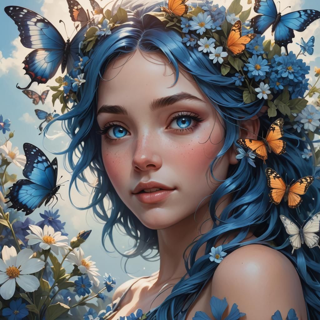 Beautiful Blue Flower Fairy Portrait