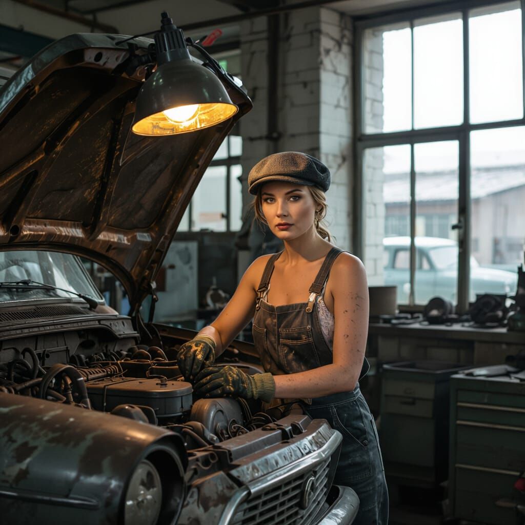 Cinematic Fashion Editorial: Woman Repairs Lada in Soviet Wo...