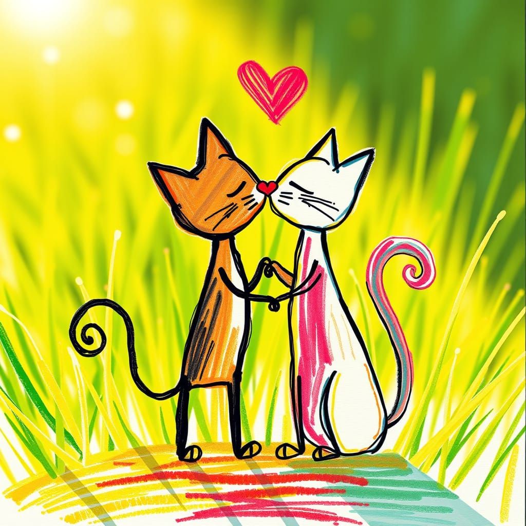 Vibrant Whimsical Cats in Crayon