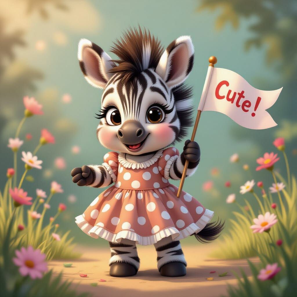 Fluffy Baby Zebra in Polka Dot Dress with Flag
