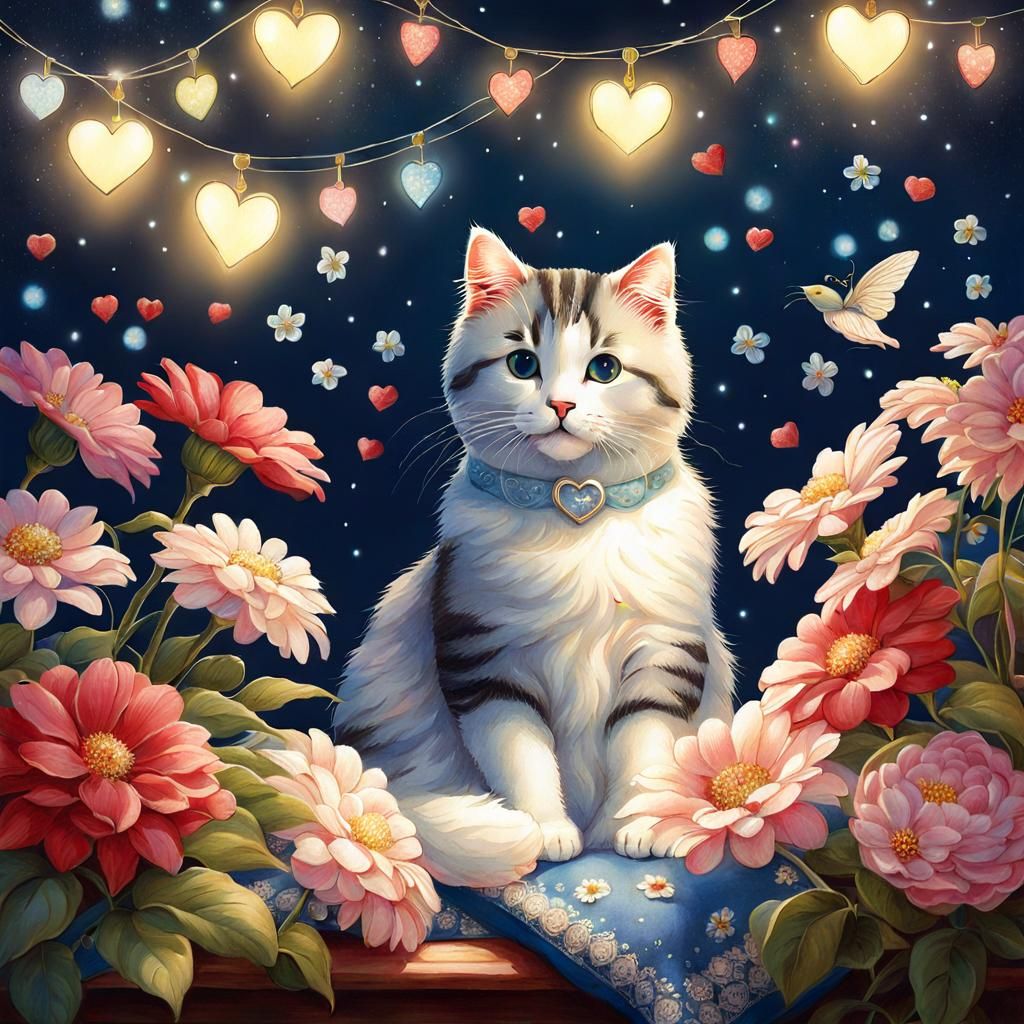 Cute Cat Surrounded by Flowers in Fantasy Art Style