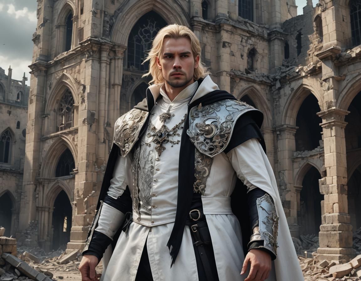 Gothic Man in Ruined City, 3D Anime Style