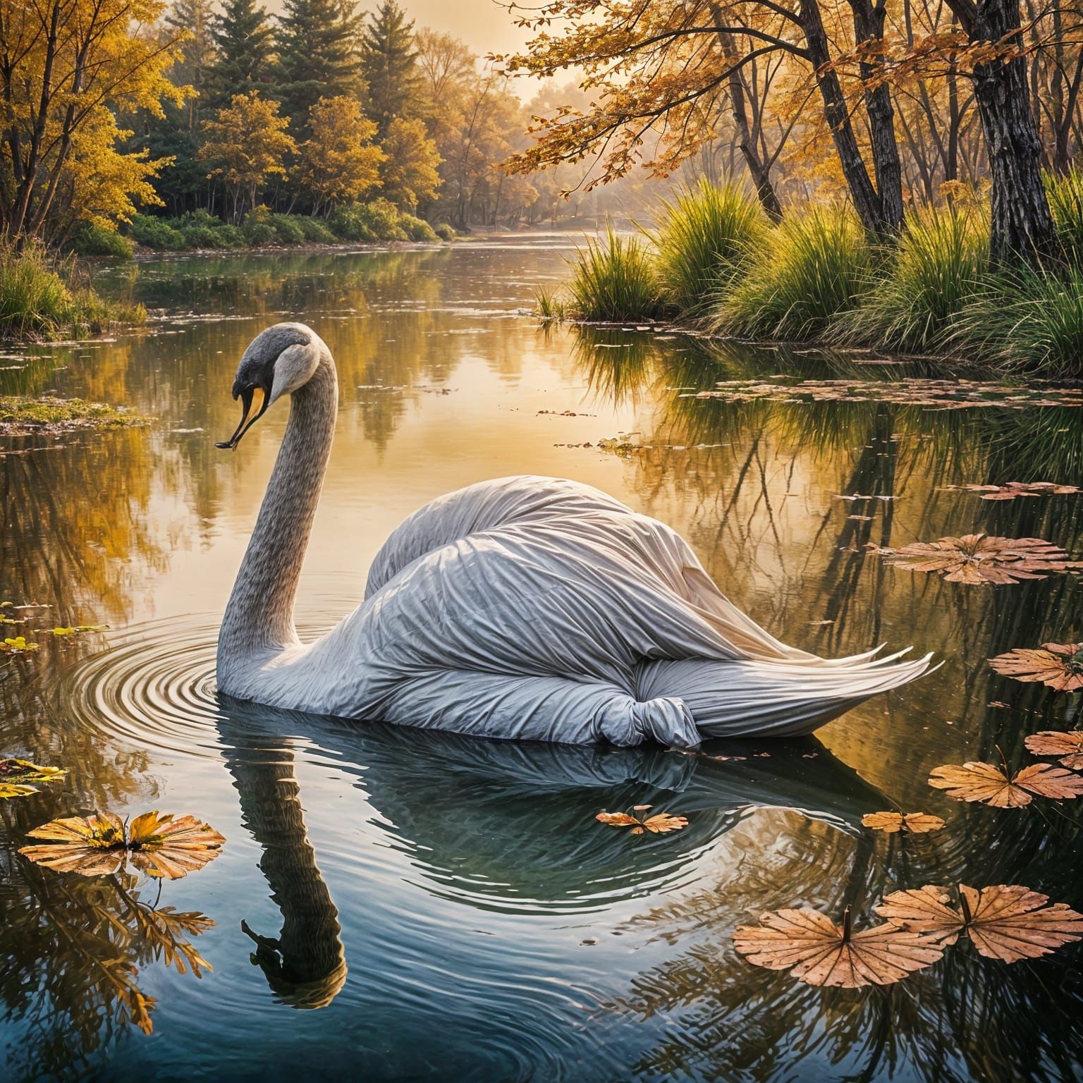 Graceful Swan on Autumn Pond at Sunset in Watercolor Style