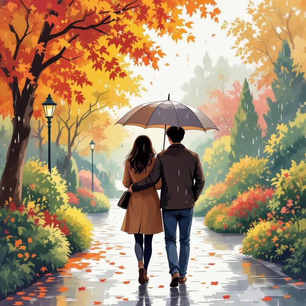 Couple Under Vintage Umbrella in Autumn Gardens