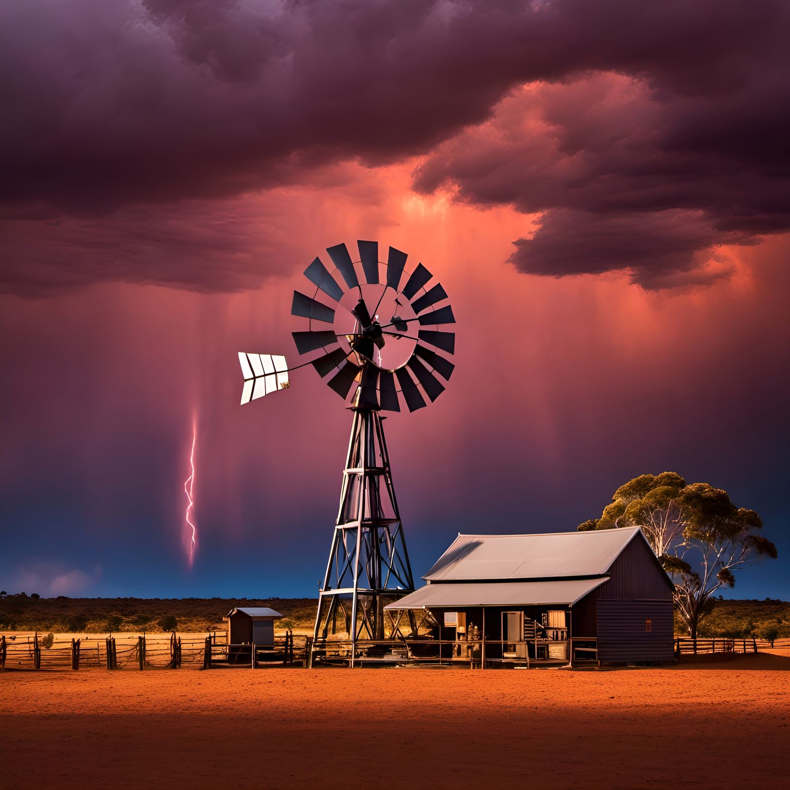 Outback Windmill at Sunset: Hyperrealistic Australian Icon