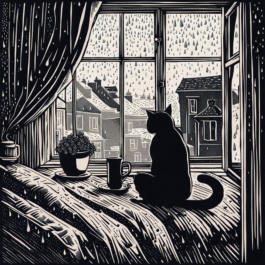Woman, Cat, and Coffee: A Rainy Day Linoprint