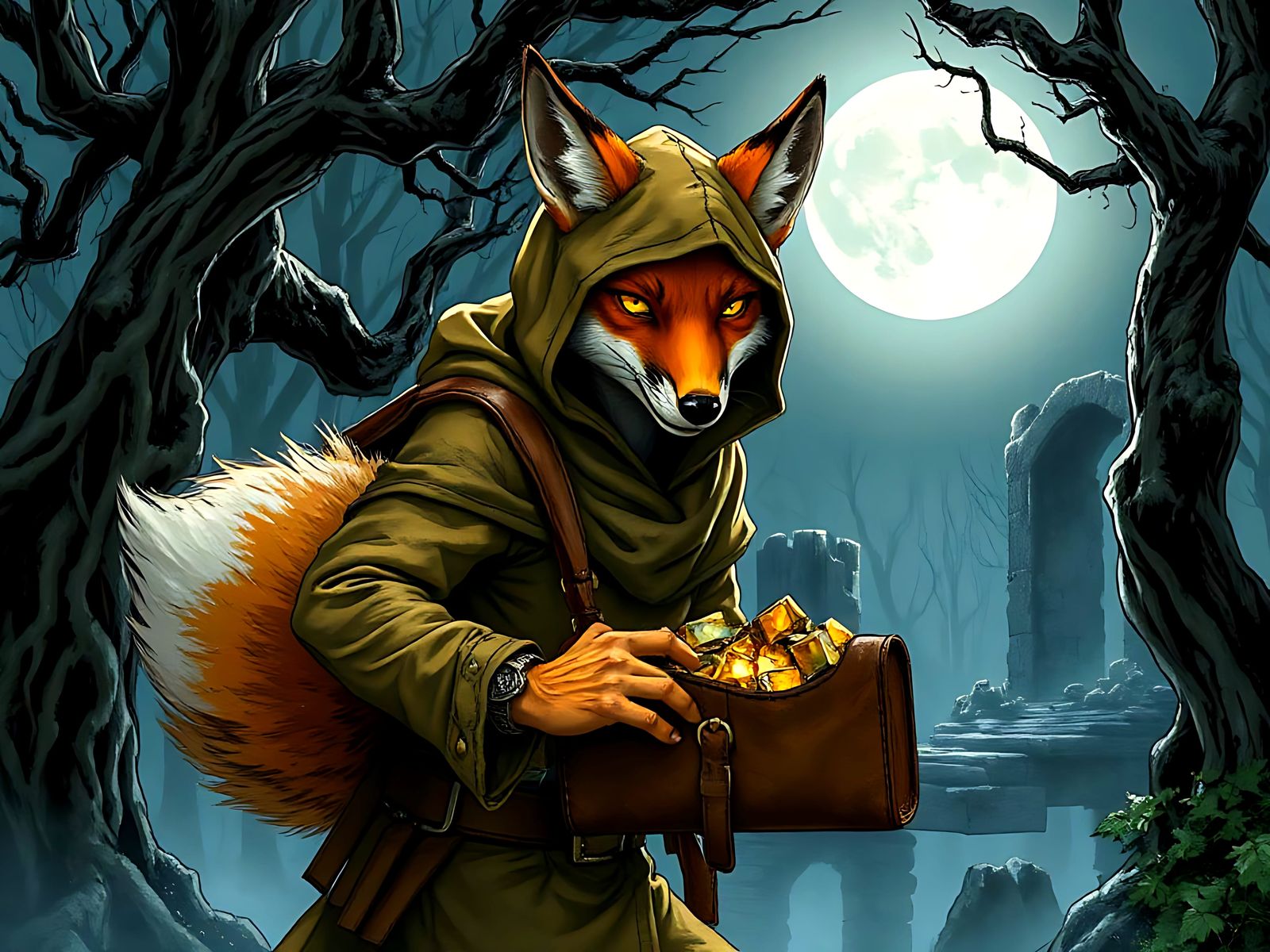 Mysterious Fox Thief Under Moonlit Forest Shadows