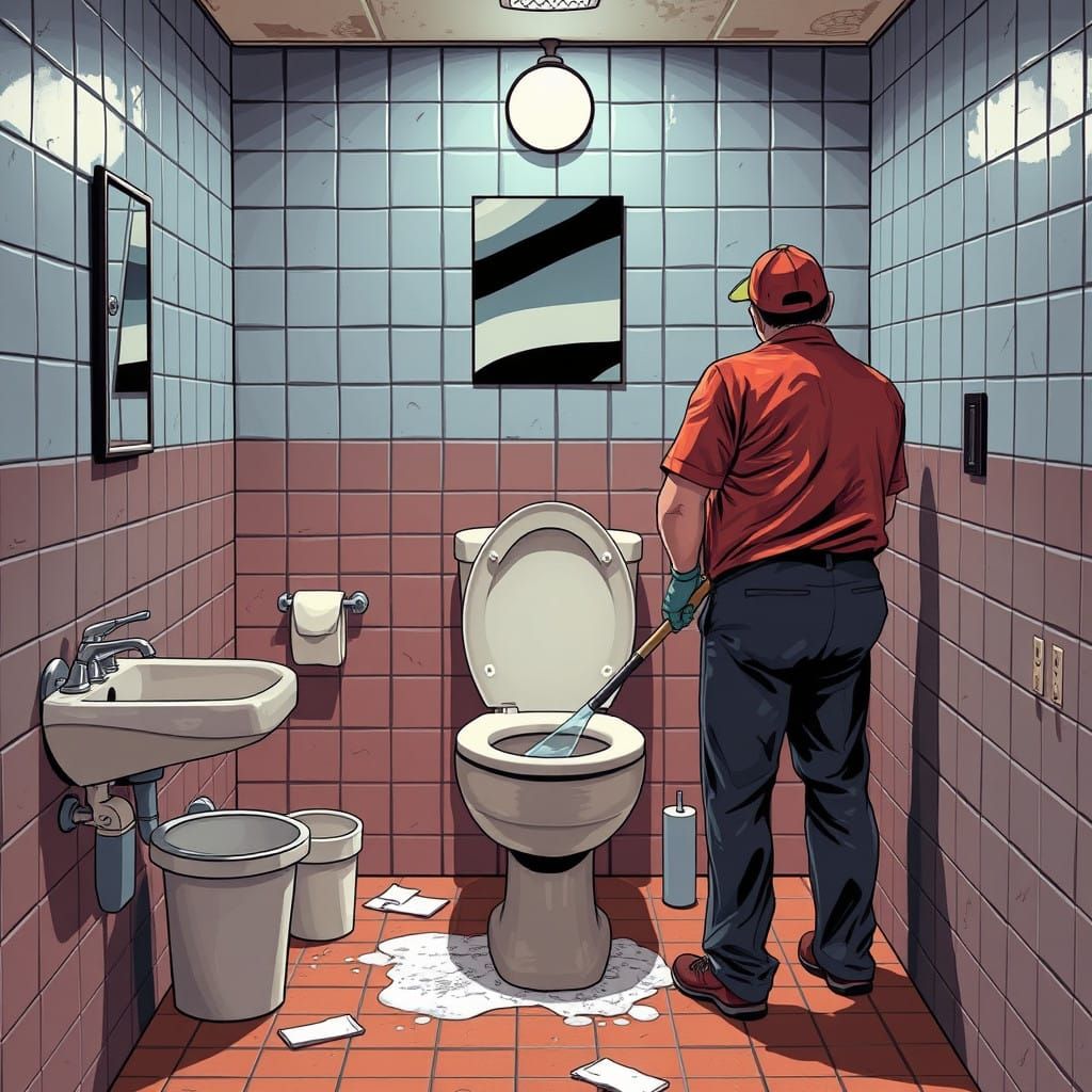 Janitor Cleans Toilet in Comic Book Style