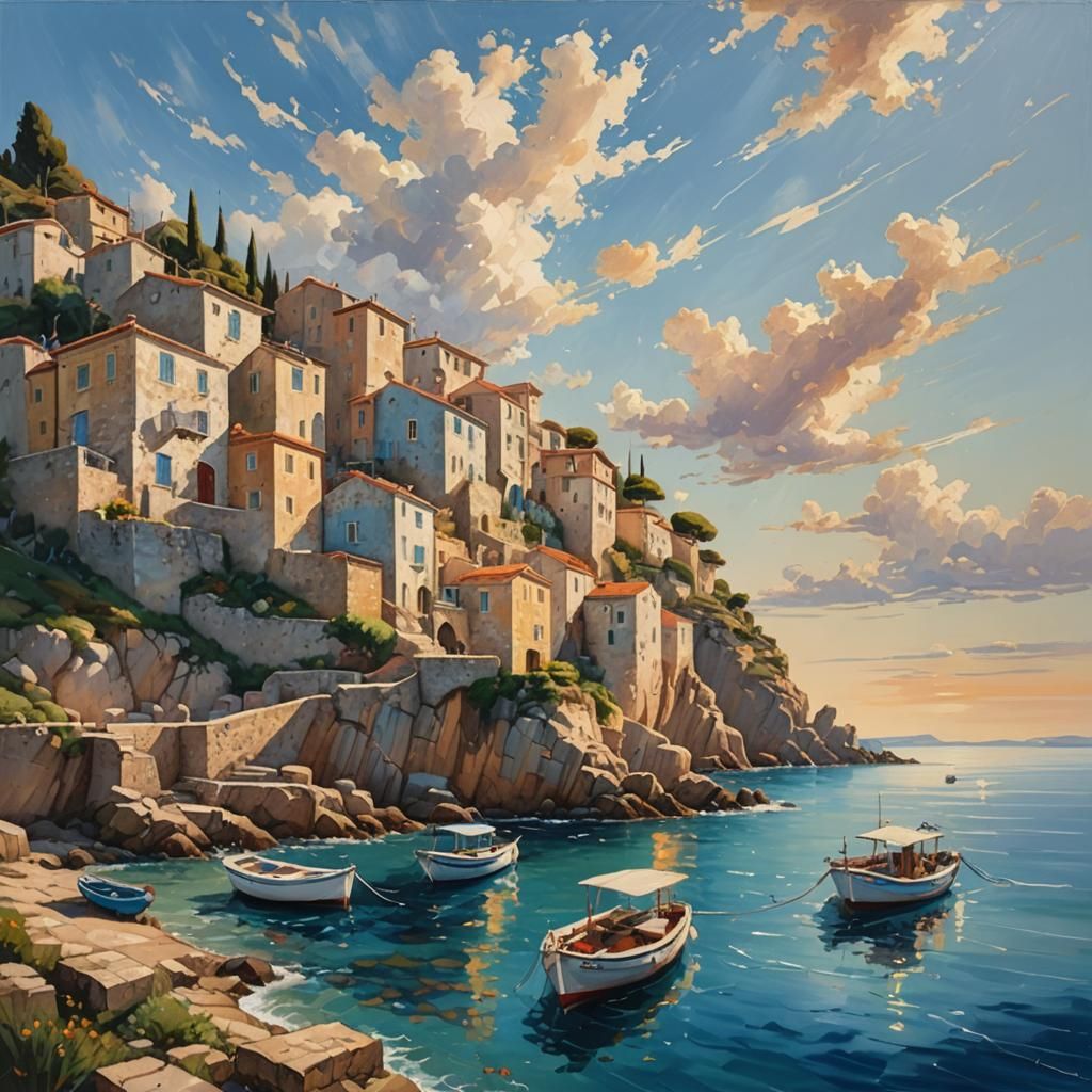 Mediterranean Coastal Village in Oil Painting Style