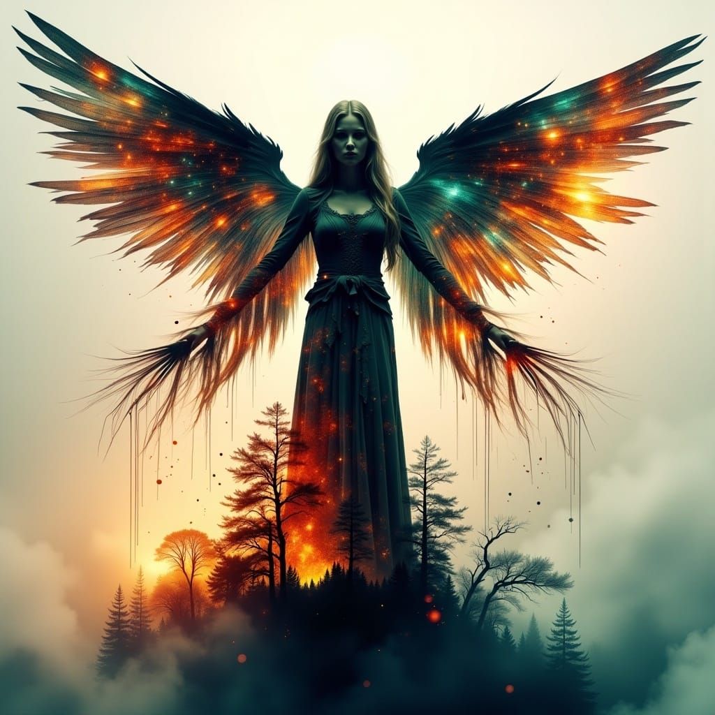 Angel Silhouette with Astral Patterns in Digital Art