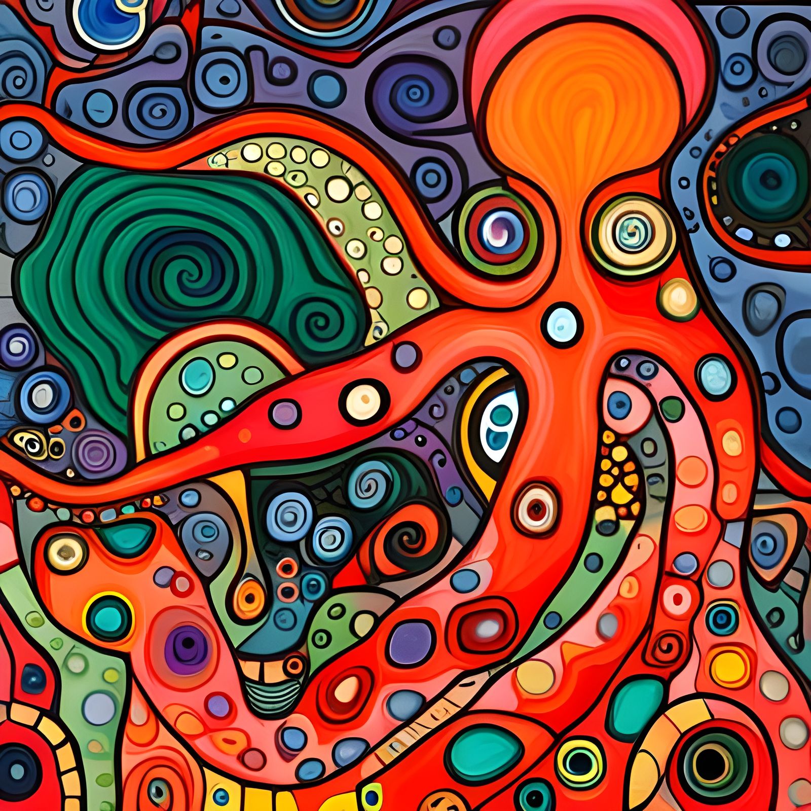 Hundertwasser Octopus with Intricate Tentacles in Oil
