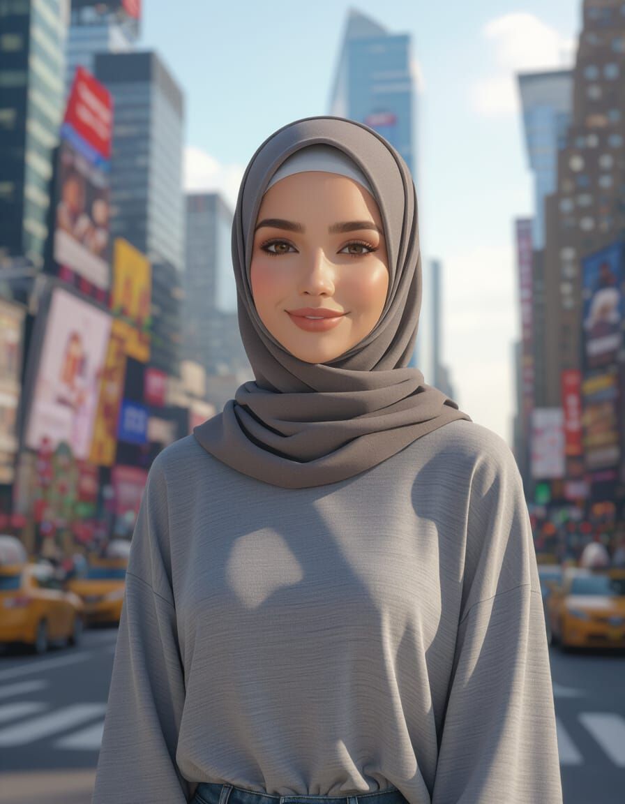 Elegant Hijabi Woman in NYC, Ultra-Realistic Digital Art