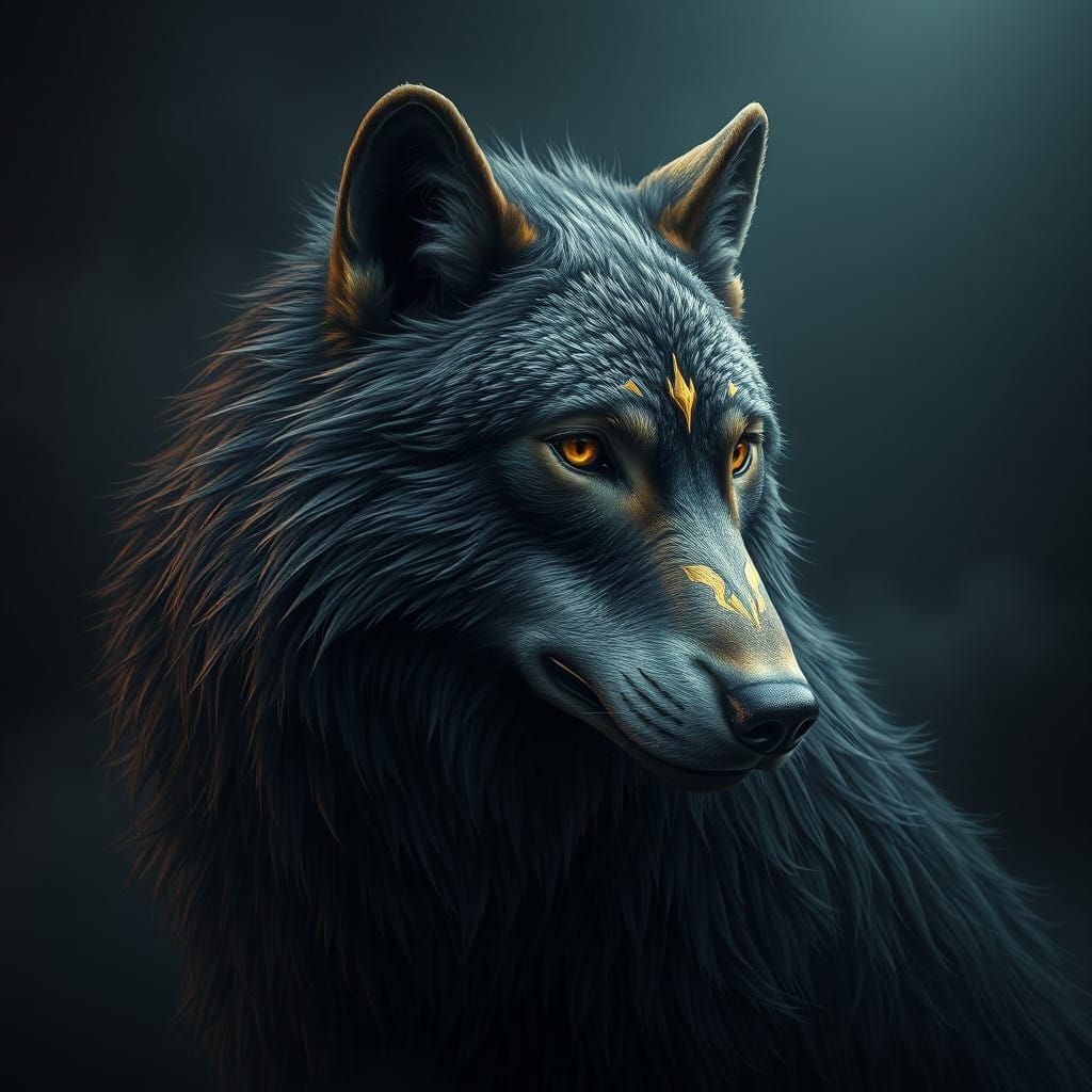 Majestic Charcoal Wolf in Luxurious Gold Hues