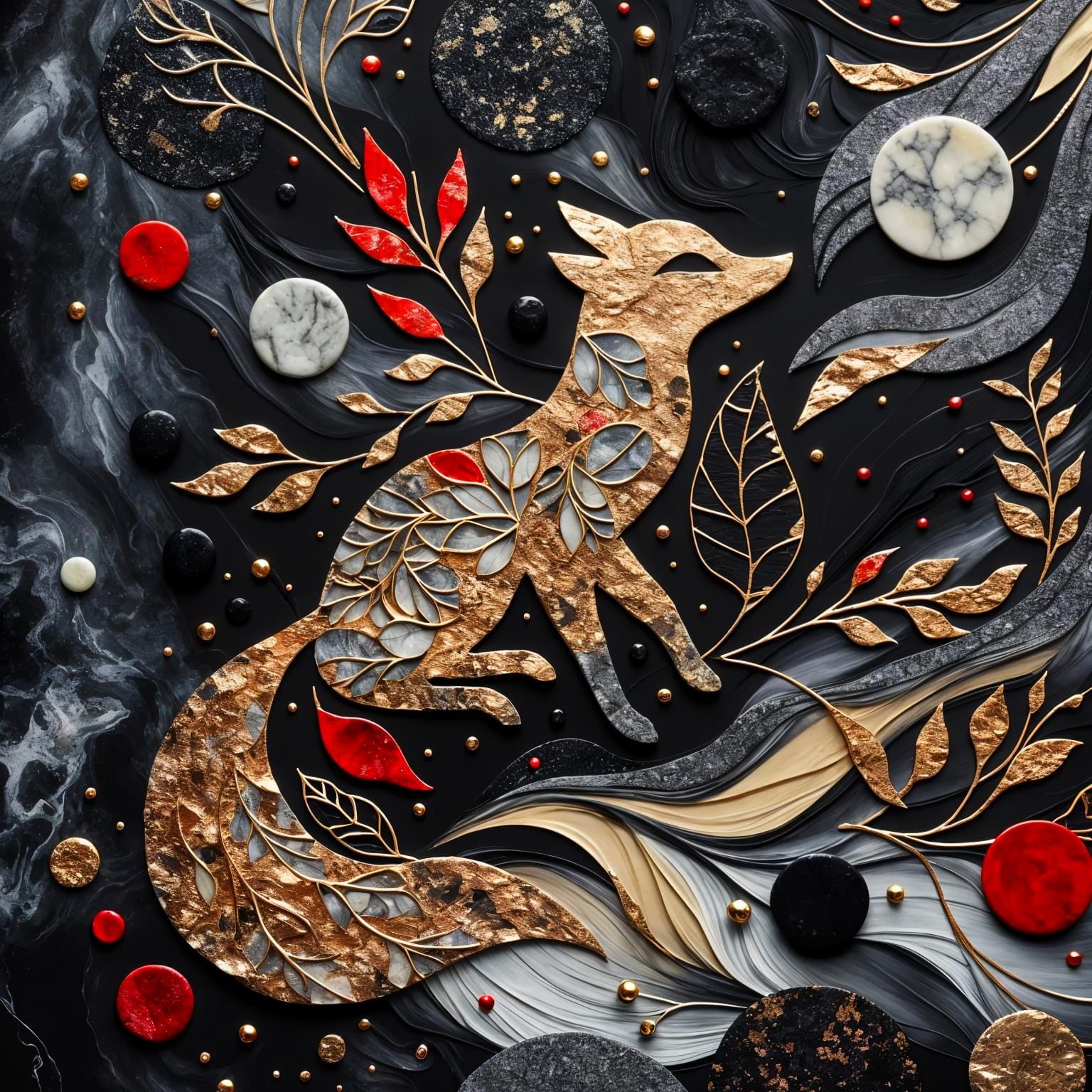 Luxurious Fox in Midnight Black Stone Background with Gold L...