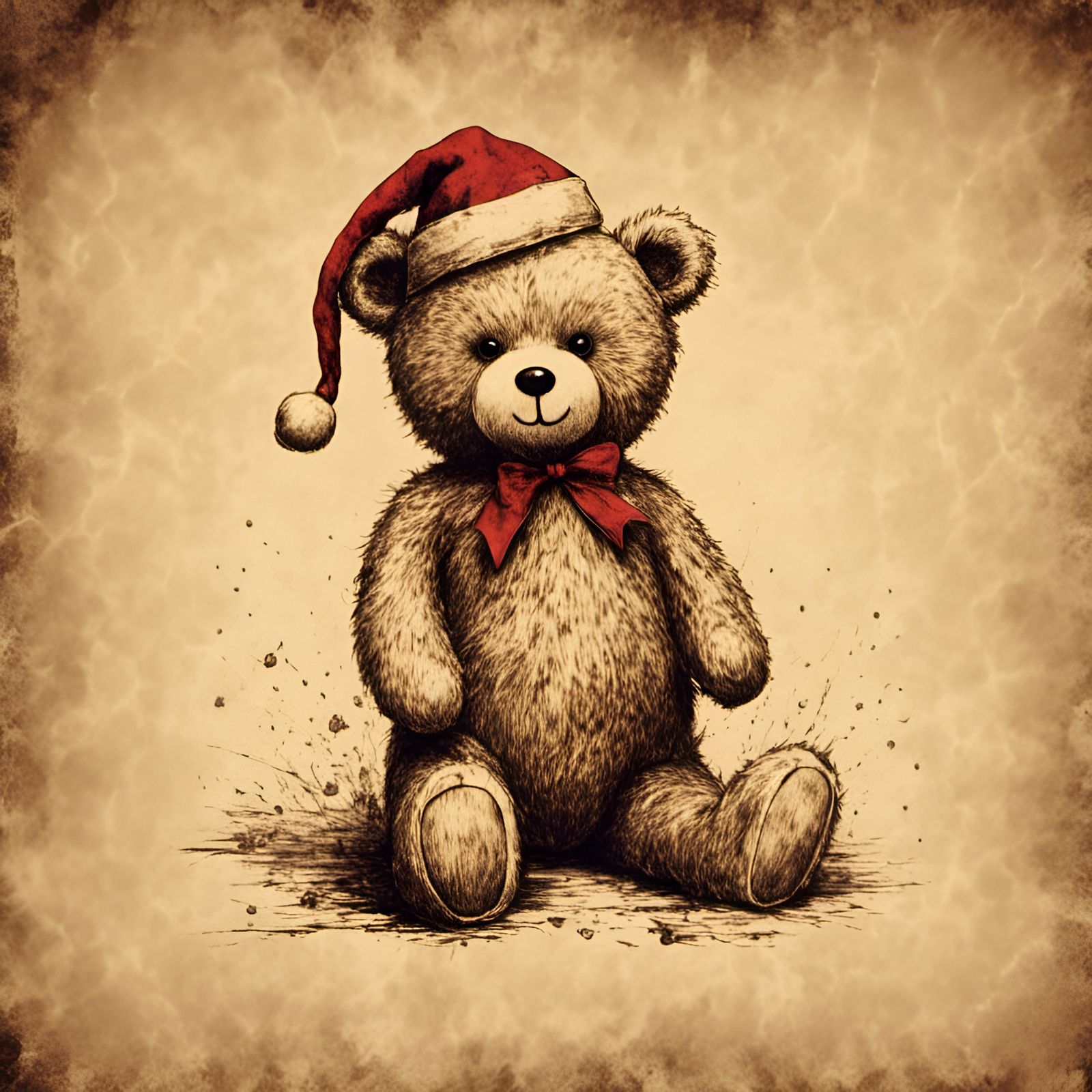 Vintage Christmas Teddy Bear Illustration in Sepia