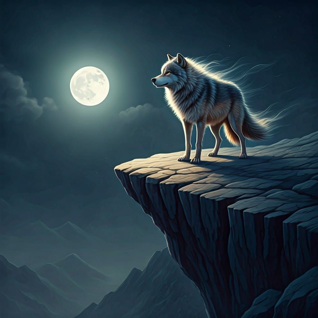 Wolf on Cliff Edge in Moonlight