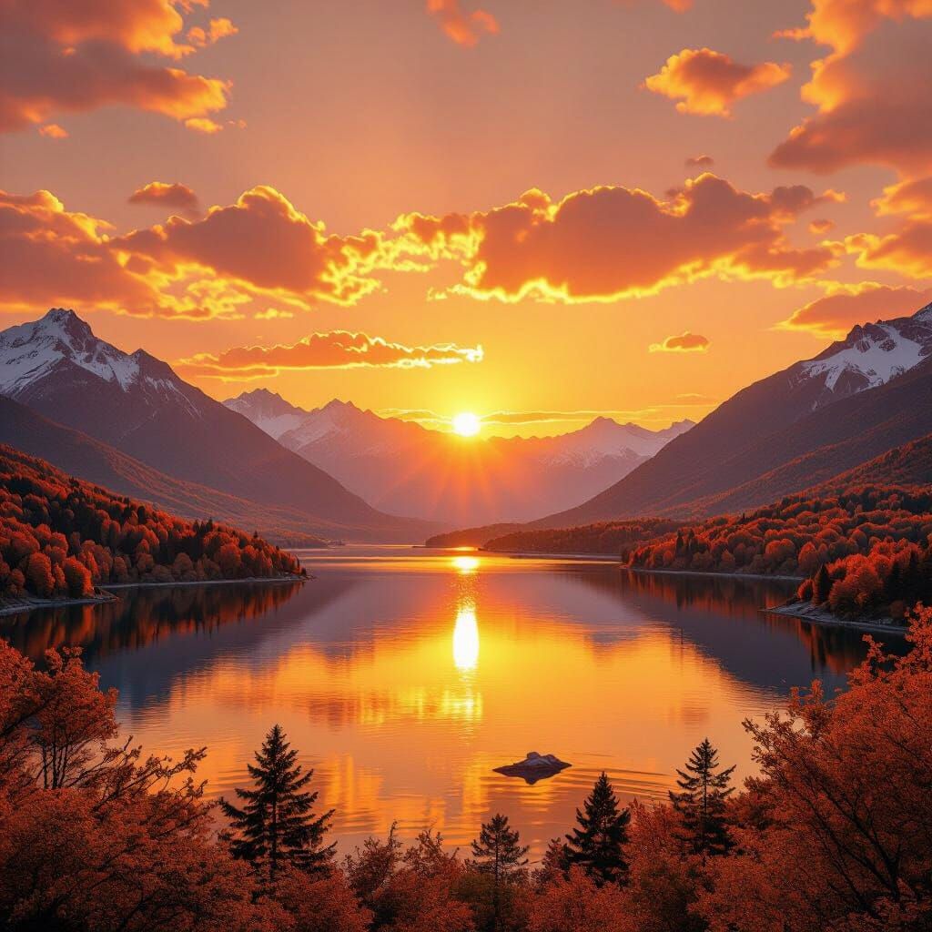 Stunning Orange Sunset Over Mountains and Lake
