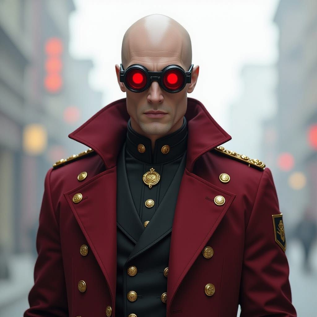 Futuristic Bald Man in Red Coat with Goggles