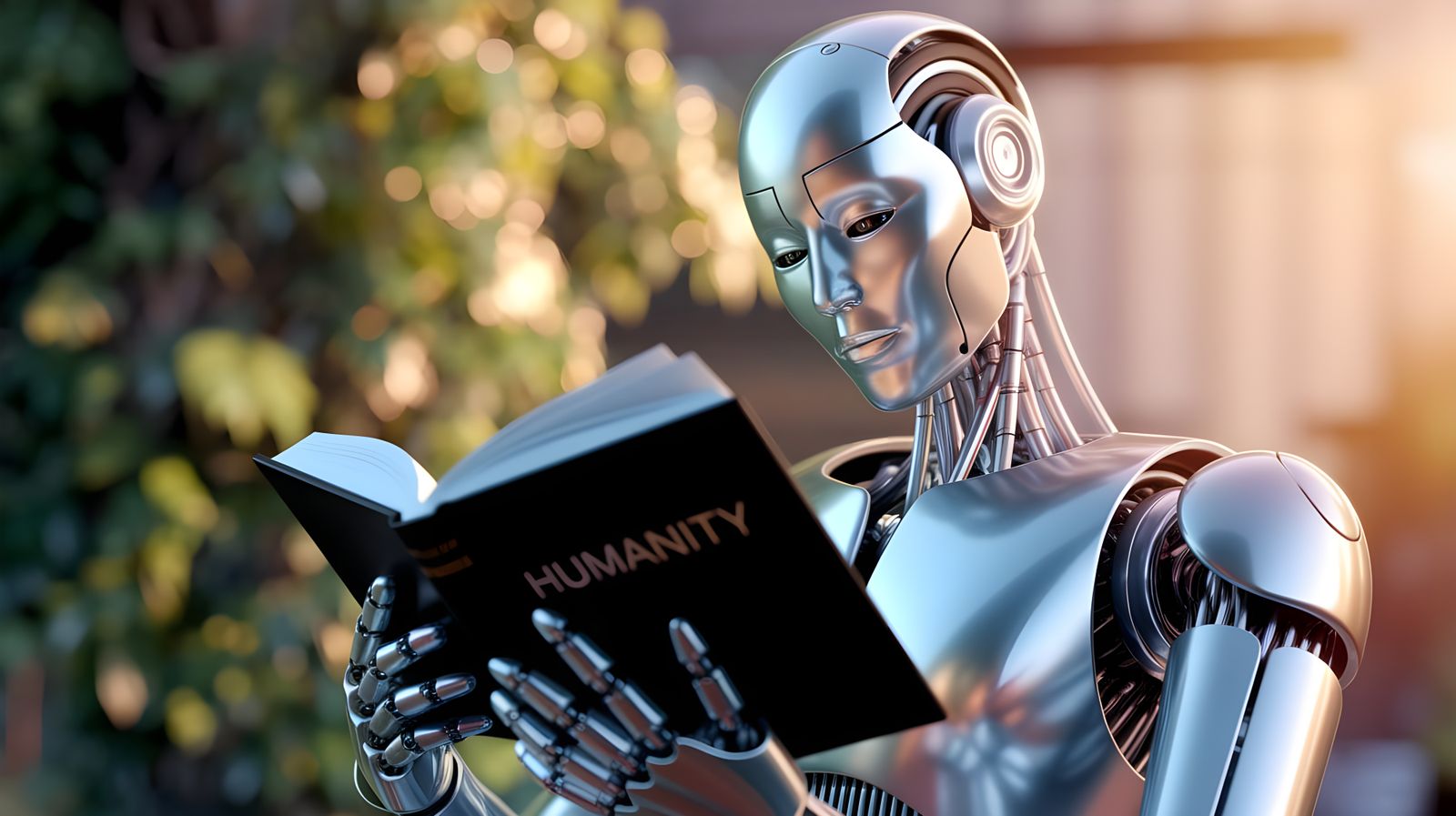 Cyborg Android Reads Humanity in Serene Natural Light