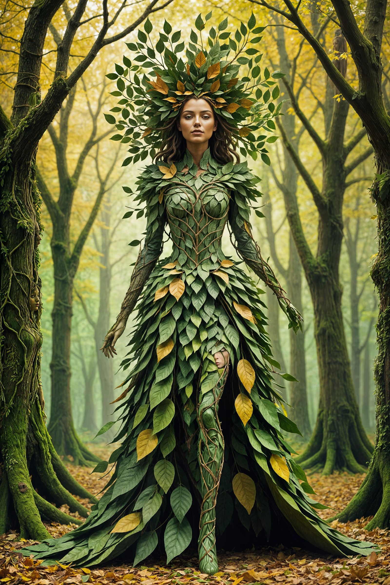 Fantasy Tree Woman in Leafy Forest, 3D Surreal Art
